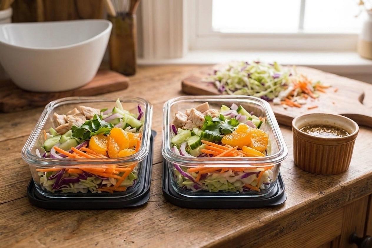 Two meal-prep containers filled with undressed Asian chicken salad, with a small lidded cup of dressing placed beside them