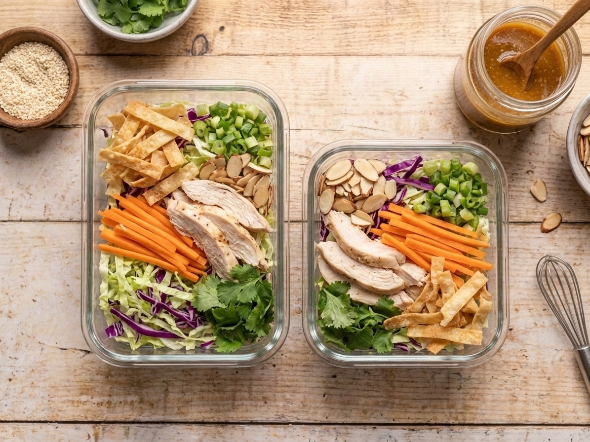 Two meal prep containers filled with undressed Chinese chicken salad components with a small jar of sesame ginger dressing on the side