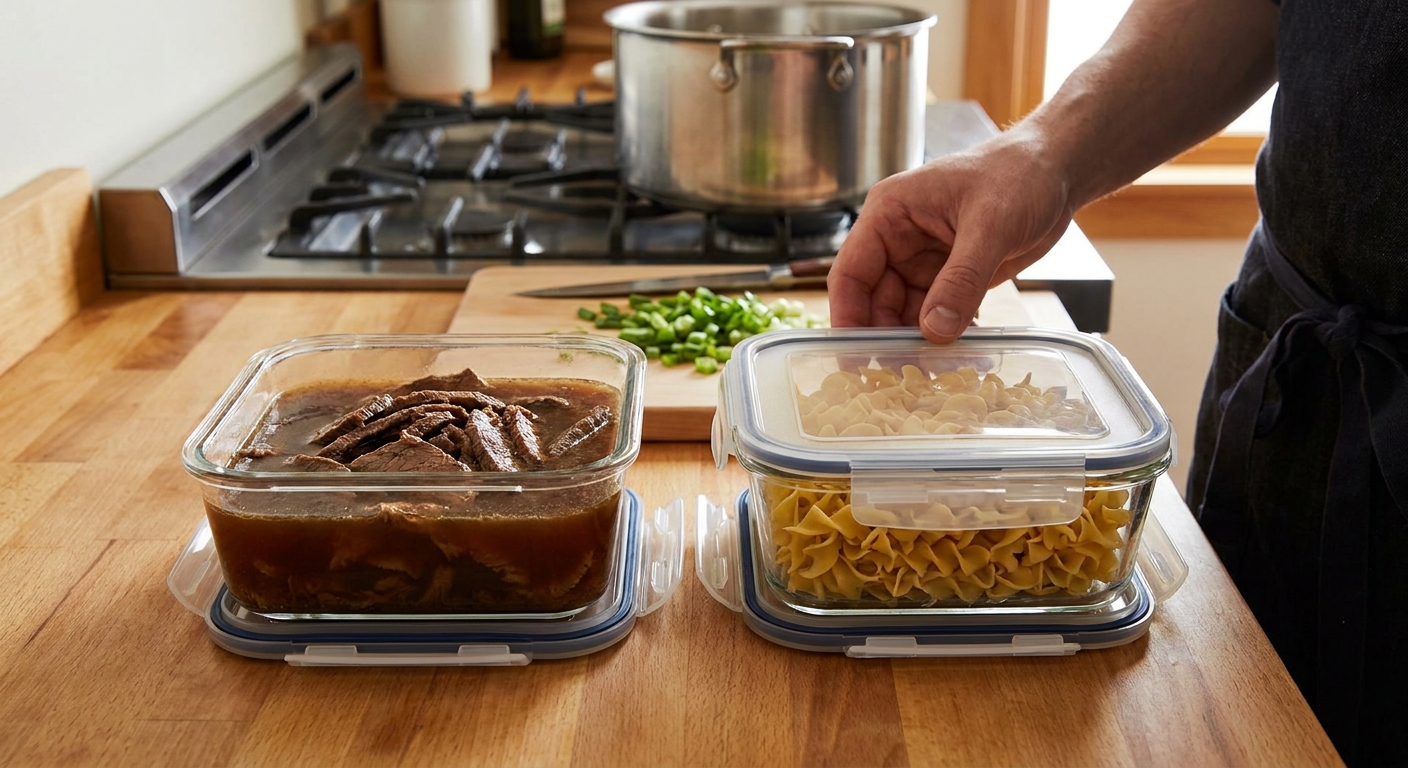 Two meal prep containers on a kitchen counter, one filled with beef broth and sliced beef and the other filled with cooked noodles