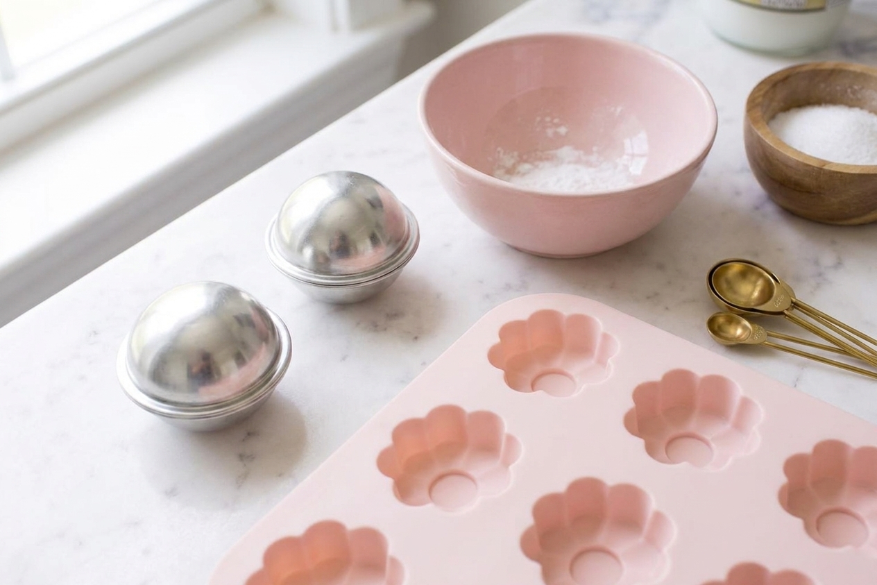 Two metal bath bomb molds and a silicone mold set resting on a clean kitchen counter beside a mixing bowl