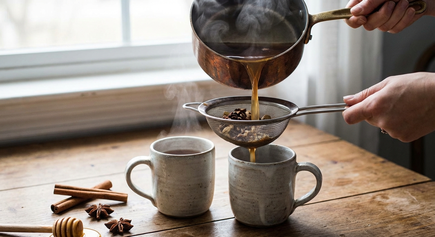 Two mugs of cinnamon tea being poured from a saucepan through a fine mesh strainer