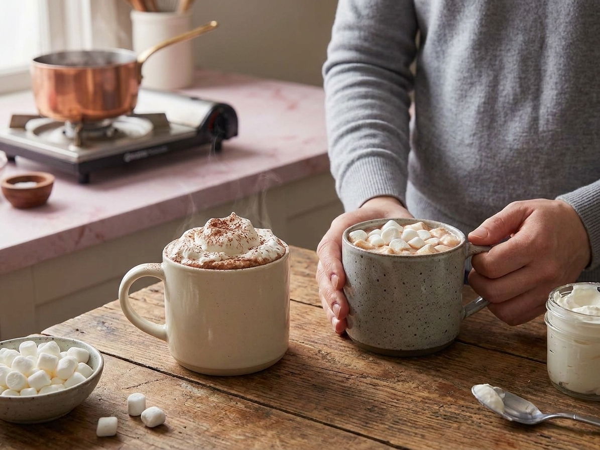 Two mugs of hot cocoa on a wooden table, one topped with whipped cream and the other with mini marshmallows