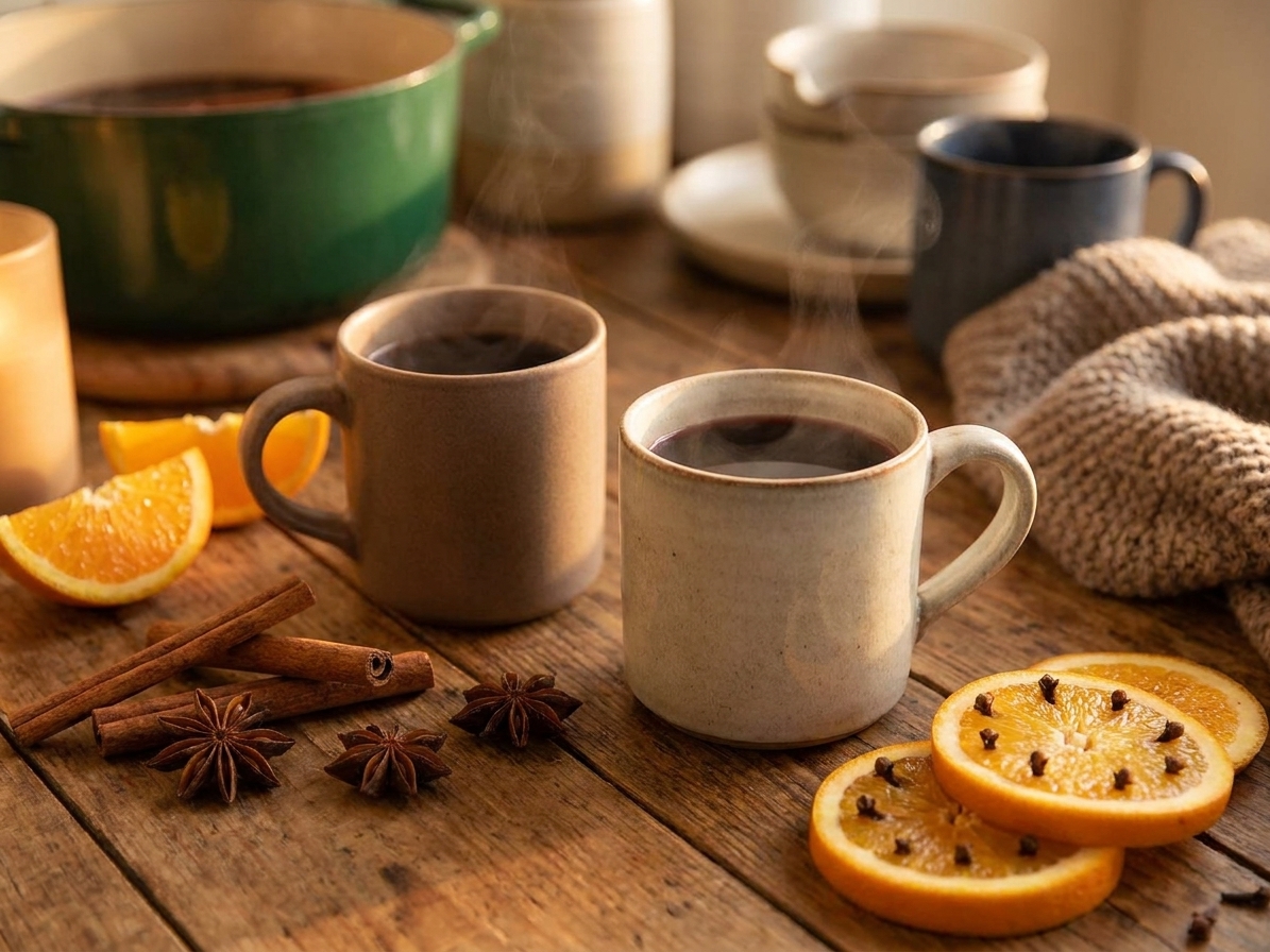 Two mugs of hot glühwein on a table with orange slices and cinnamon sticks, cozy evening table setting