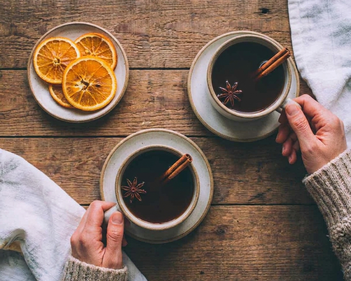 Two mugs of hot spiced apple cider on a wooden table with cinnamon stick garnish and a small plate of orange slices nearby