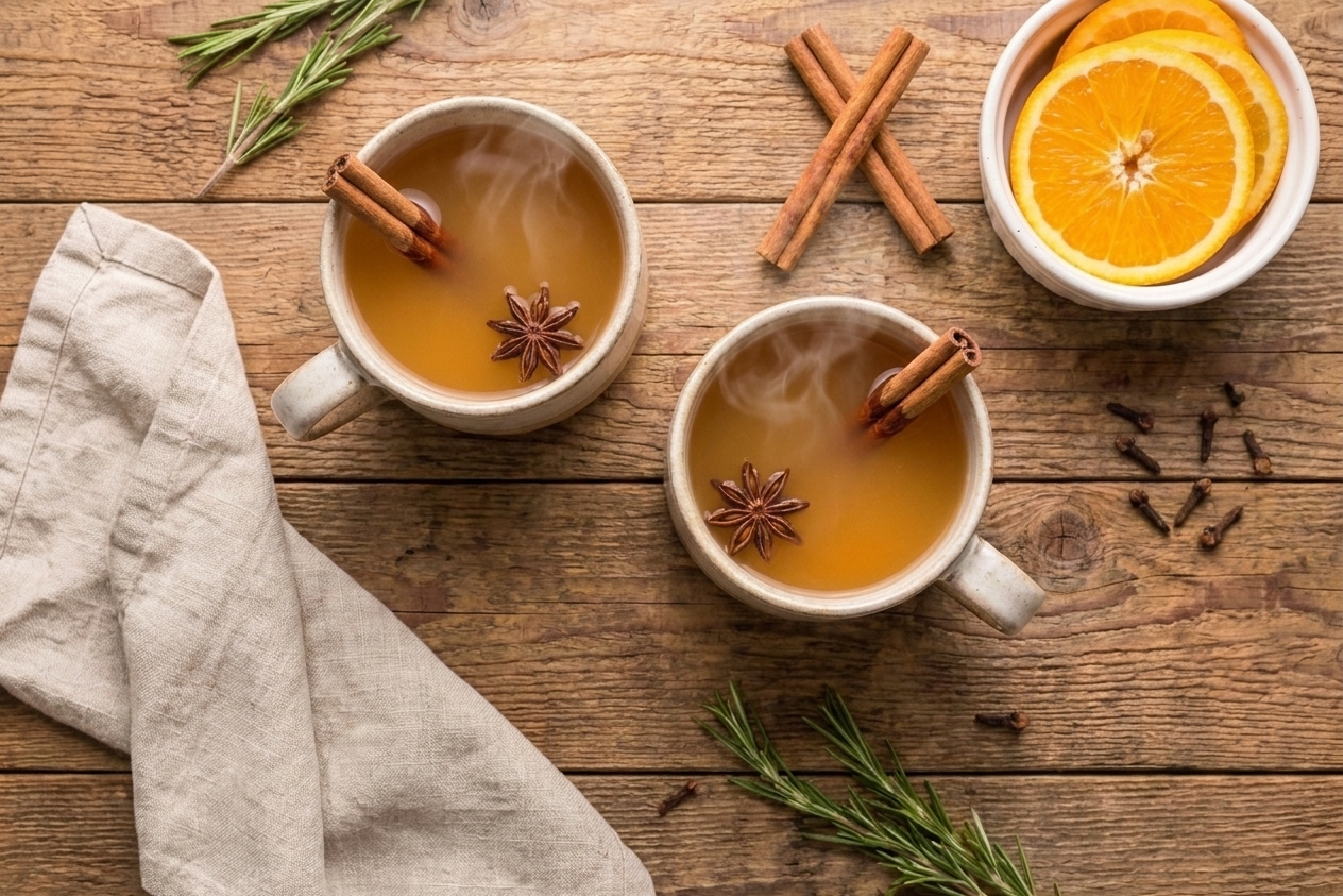 Two mugs of mulled apple cider on a wooden table with cinnamon sticks beside them and a small bowl of orange slices