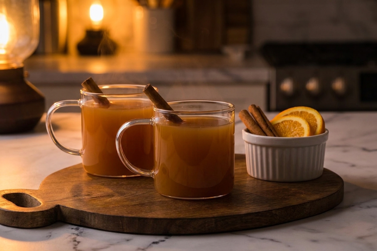 Two mugs of mulled cider on a table with a small bowl of cinnamon sticks and orange slices, cozy evening lighting