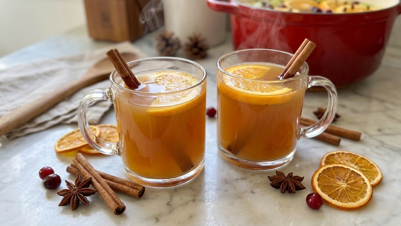 Two mugs of mulled cider on a table with cinnamon sticks and orange slices in warm kitchen light