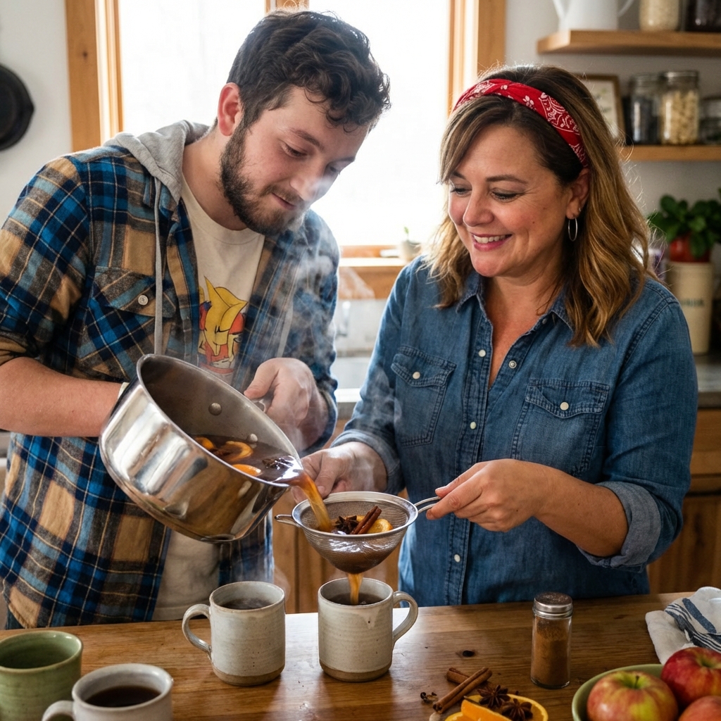 Two mugs of spiced apple cider being poured from a saucepan through a fine-mesh strainer