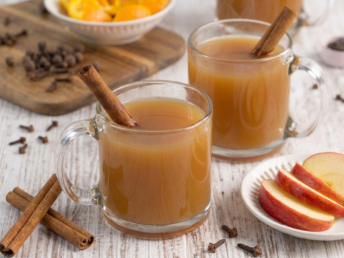 Two mugs of spiced apple cider on a table with a small plate of apple slices and cinnamon sticks
