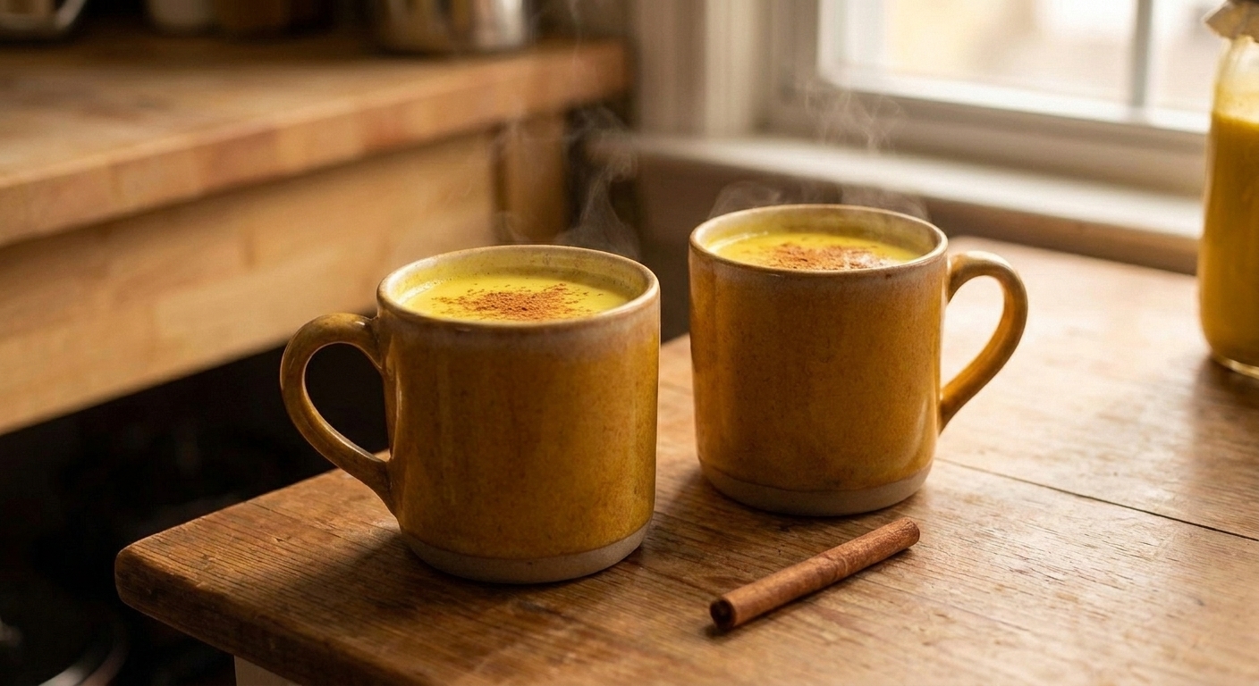Two mugs of turmeric milk on a wooden kitchen table with a light sprinkle of cinnamon on top and a cinnamon stick beside one mug