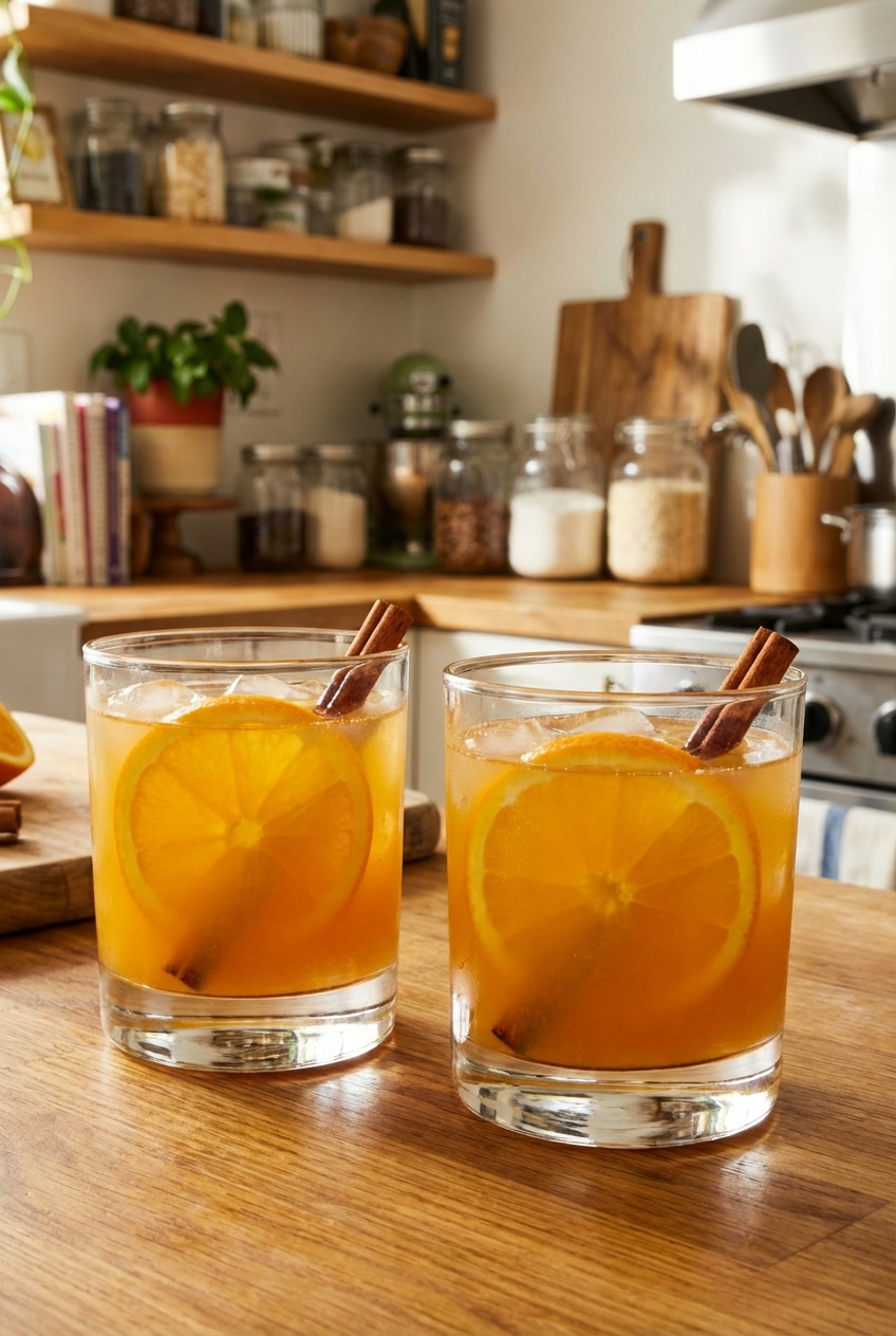 Two orange citrus drinks in short glasses with ice, garnished with orange wheels and a cinnamon stick on a kitchen counter
