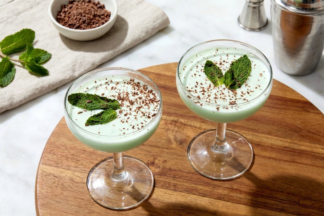 Two pale green grasshopper cocktails in coupe glasses with mint sprigs and chocolate shavings on a dining table