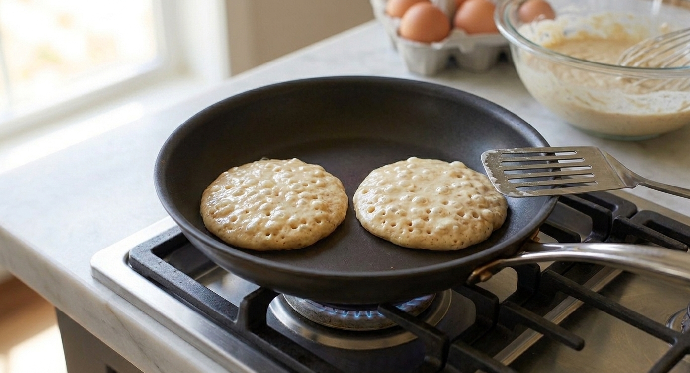 Two pancakes cooking in a nonstick skillet with bubbles forming on the surface, warm kitchen lighting