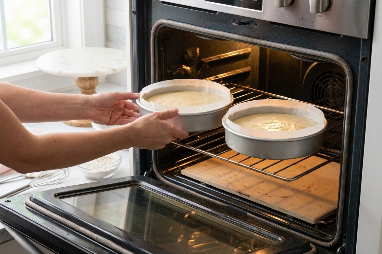 Two parchment-lined round cake pans filled with vanilla batter being placed into a preheated oven