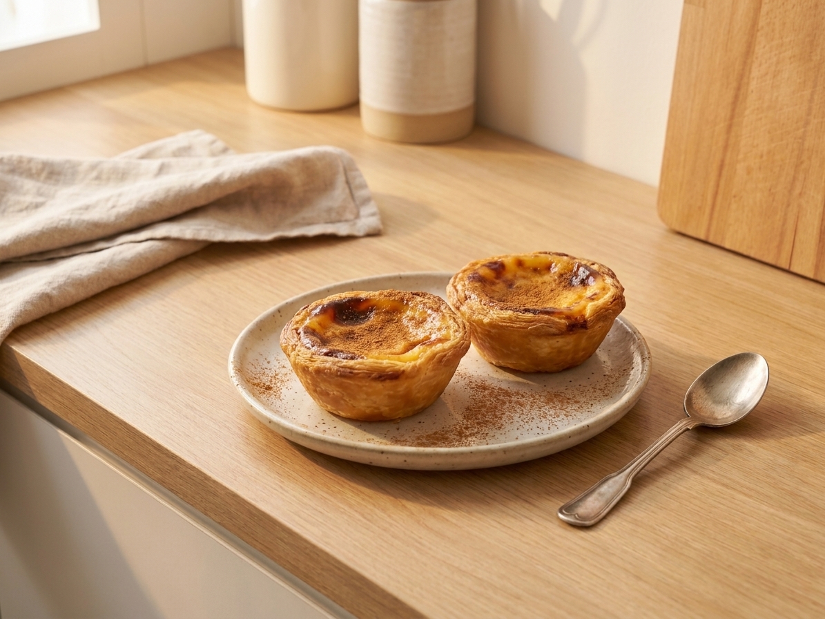 Two pastel de nata on a small plate with a light dusting of cinnamon on a simple kitchen table setting