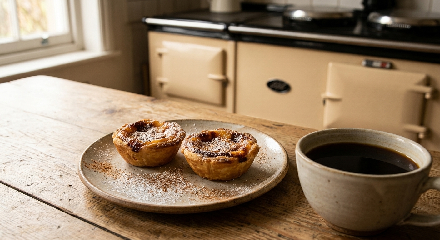 Two pastel de nata on a small plate with a light dusting of powdered sugar and cinnamon on a wooden table beside a cup of coffee, in warm natural light