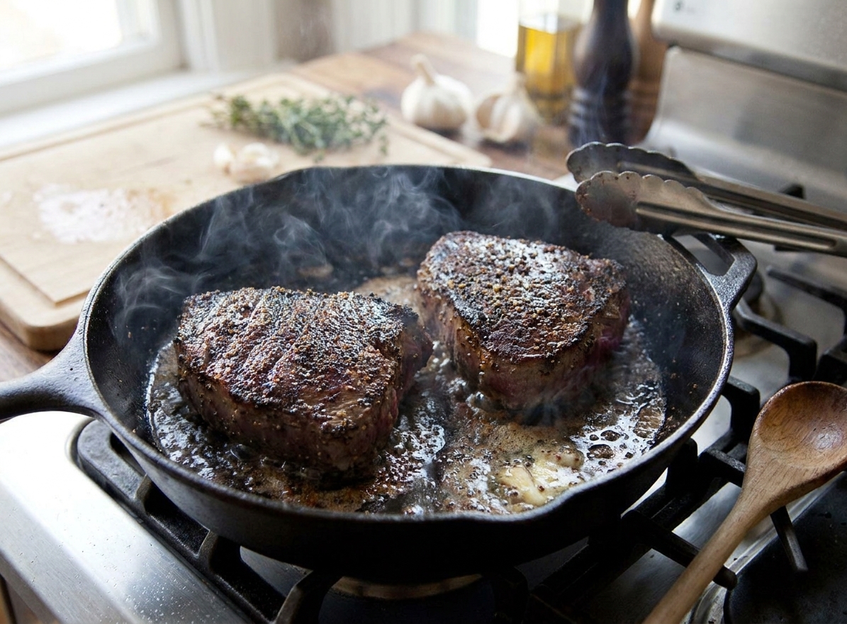 Two pepper-crusted steaks searing in a hot cast iron skillet with browned edges forming
