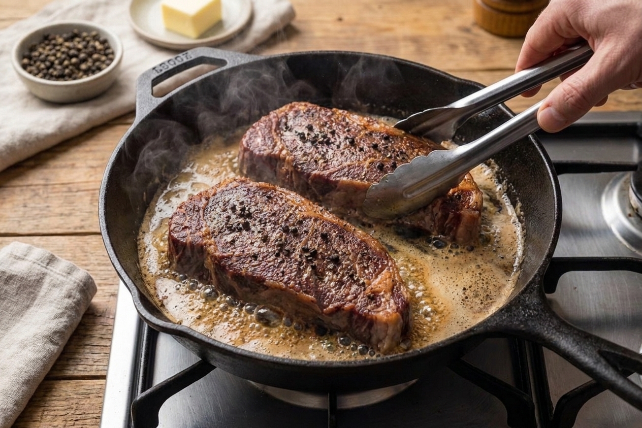 Two peppercorn-crusted steaks searing in a hot skillet with butter foaming around the edges as the crust browns