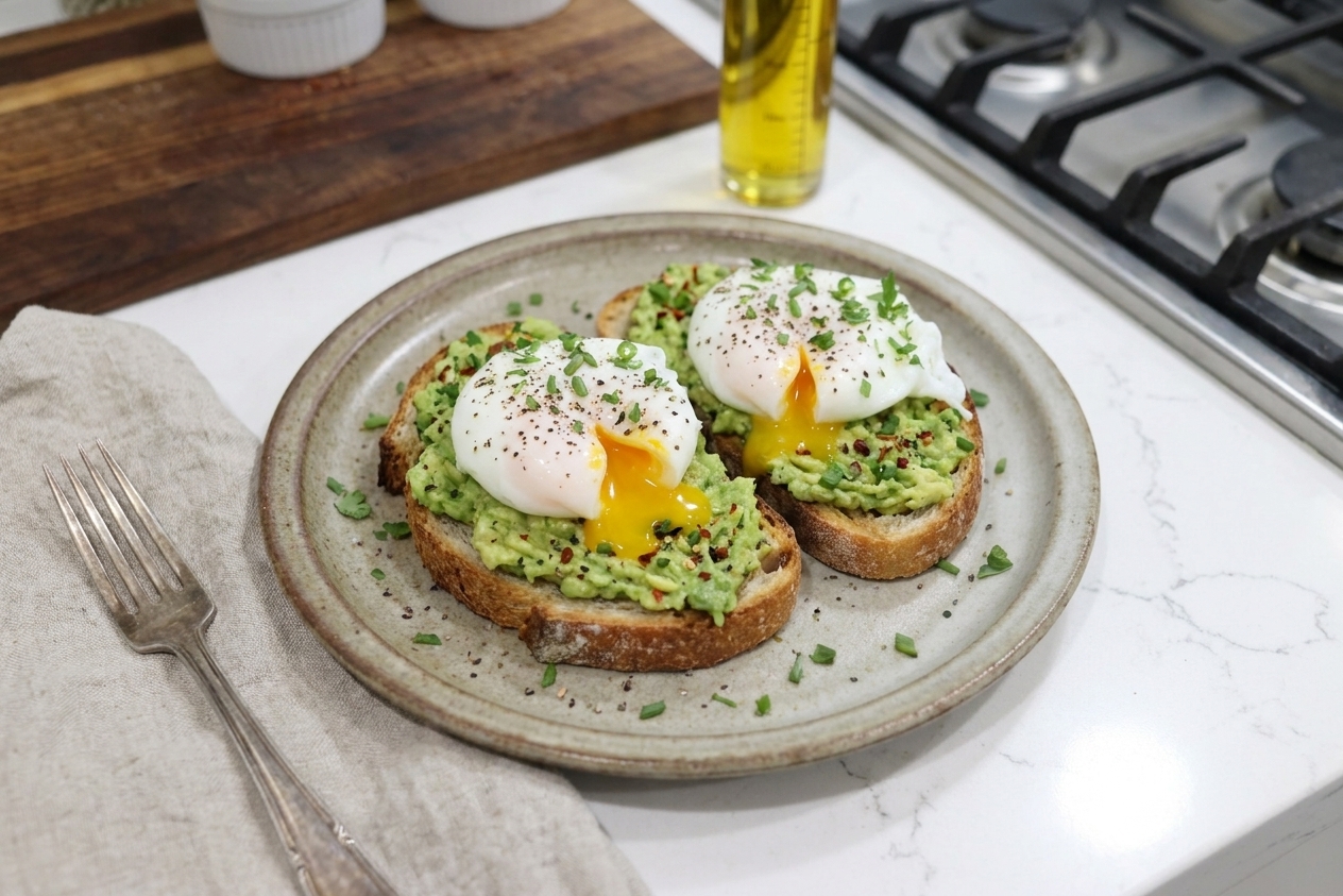 Two perfectly poached eggs with runny yolks on avocado toast on a ceramic plate, set on a bright kitchen table with a fork and linen napkin