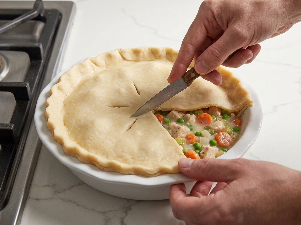 Two pie crusts overlapped and sealed to cover a baking dish filled with creamy chicken and vegetables, with small steam slits cut in the crust