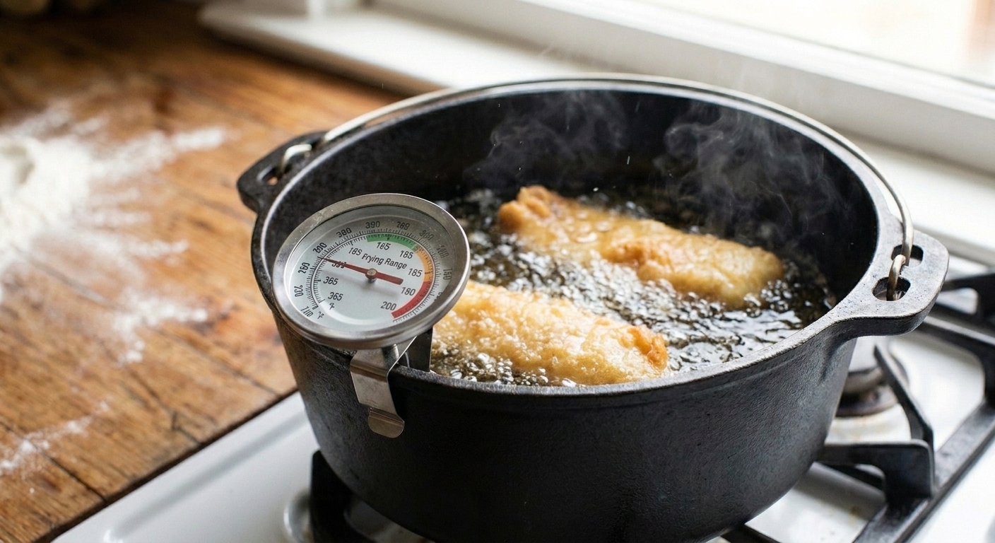 Two pieces of battered fish bubbling in hot oil in a deep pot on a stovetop.
