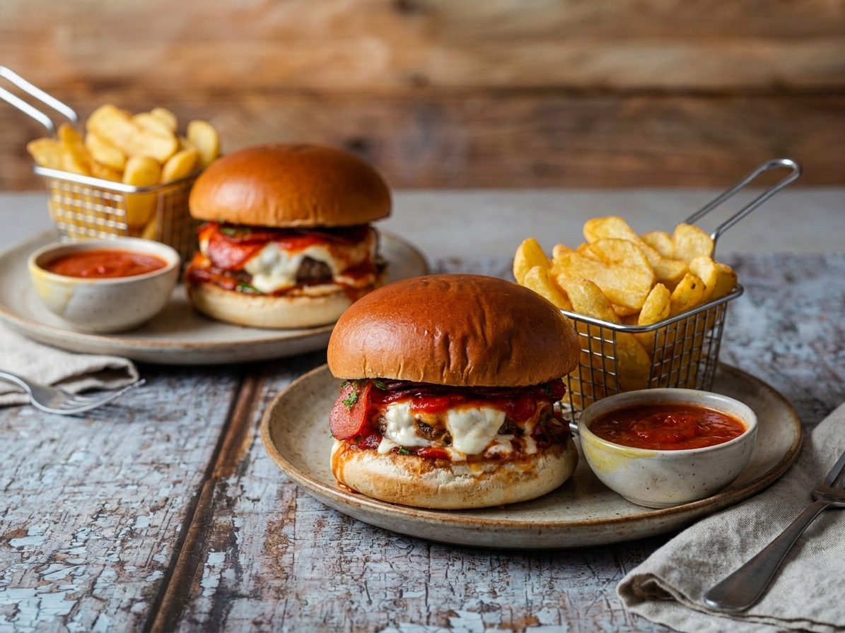 Two pizza burgers plated on a simple dinner table with a side of potato chips and a small bowl of extra marinara for dipping