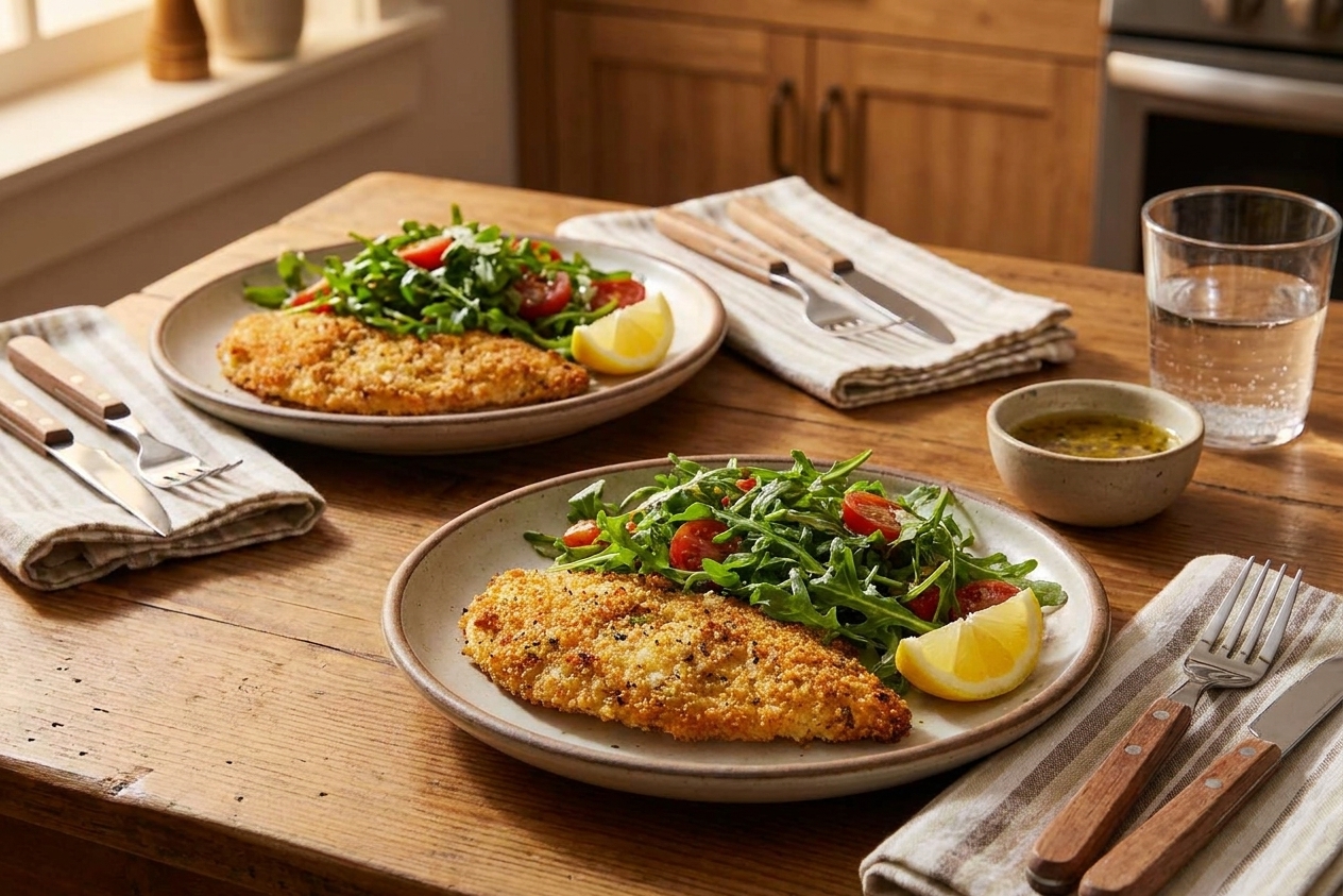 Two plated Chicken Milanese cutlets topped with arugula salad and lemon wedges on a warm, softly lit dinner table