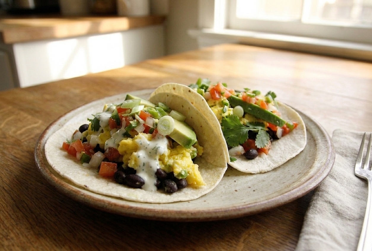 Two plated breakfast tacos on a ceramic plate with salsa, sliced scallions, and a drizzle of lime yogurt sauce, set on a simple kitchen table with morning light