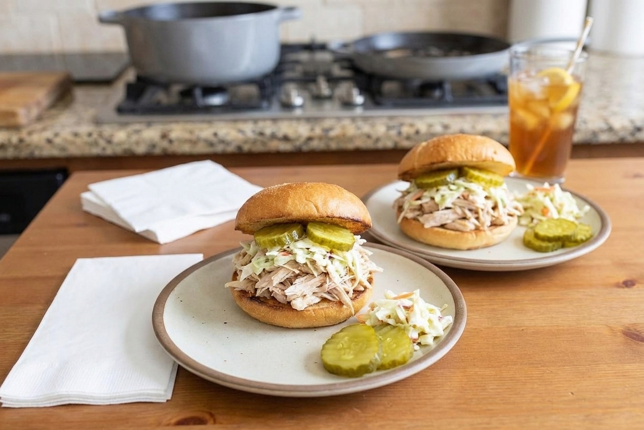 Two plated shredded chicken sandwiches with pickles and slaw on a simple dinner table with napkins and a glass of iced tea
