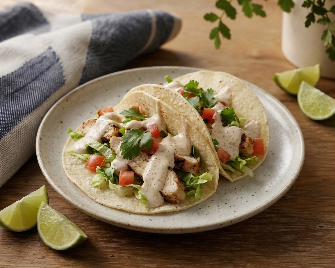 Two plated tacos on a simple stoneware plate with a drizzle of creamy sauce on top, set on a wooden table with a folded napkin and a lime wedge