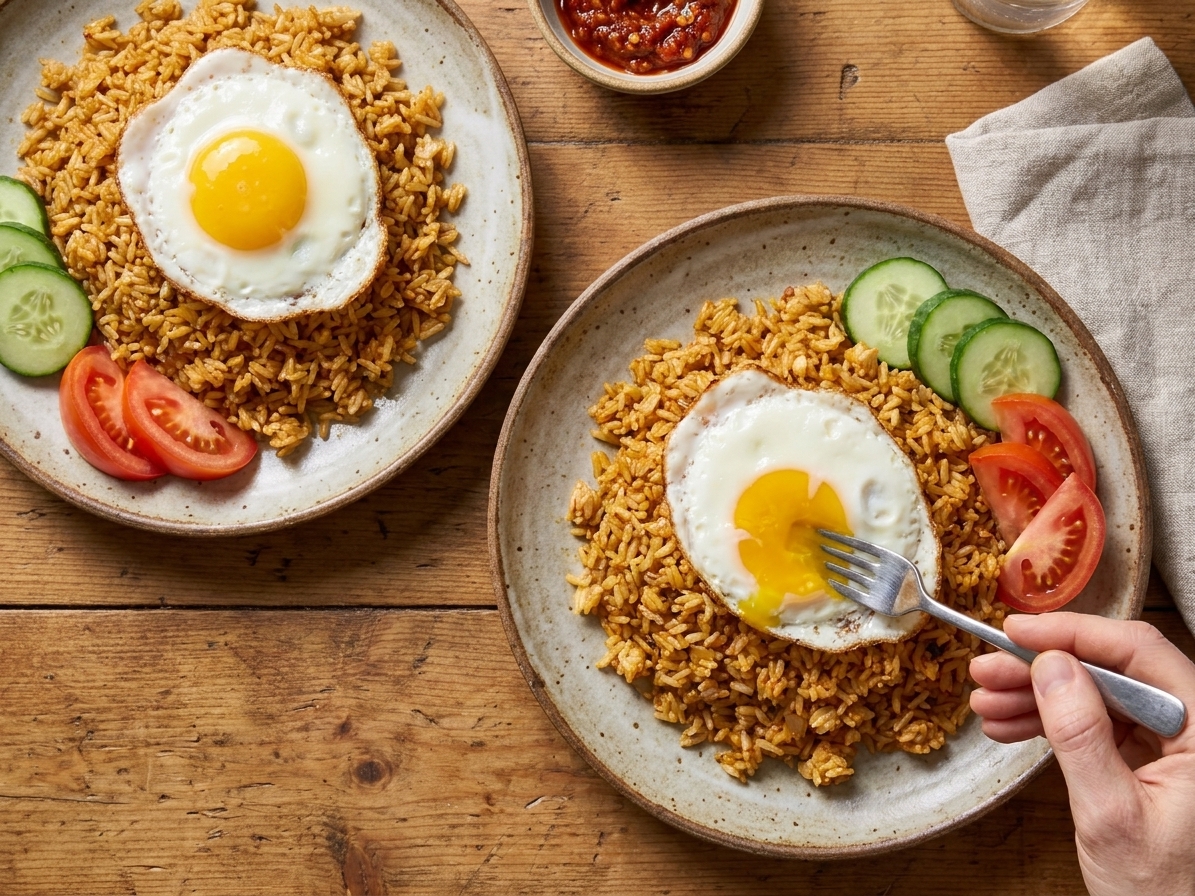 Two plates of nasi goreng topped with fried eggs on a wooden table, with cucumber slices and tomato wedges on the side
