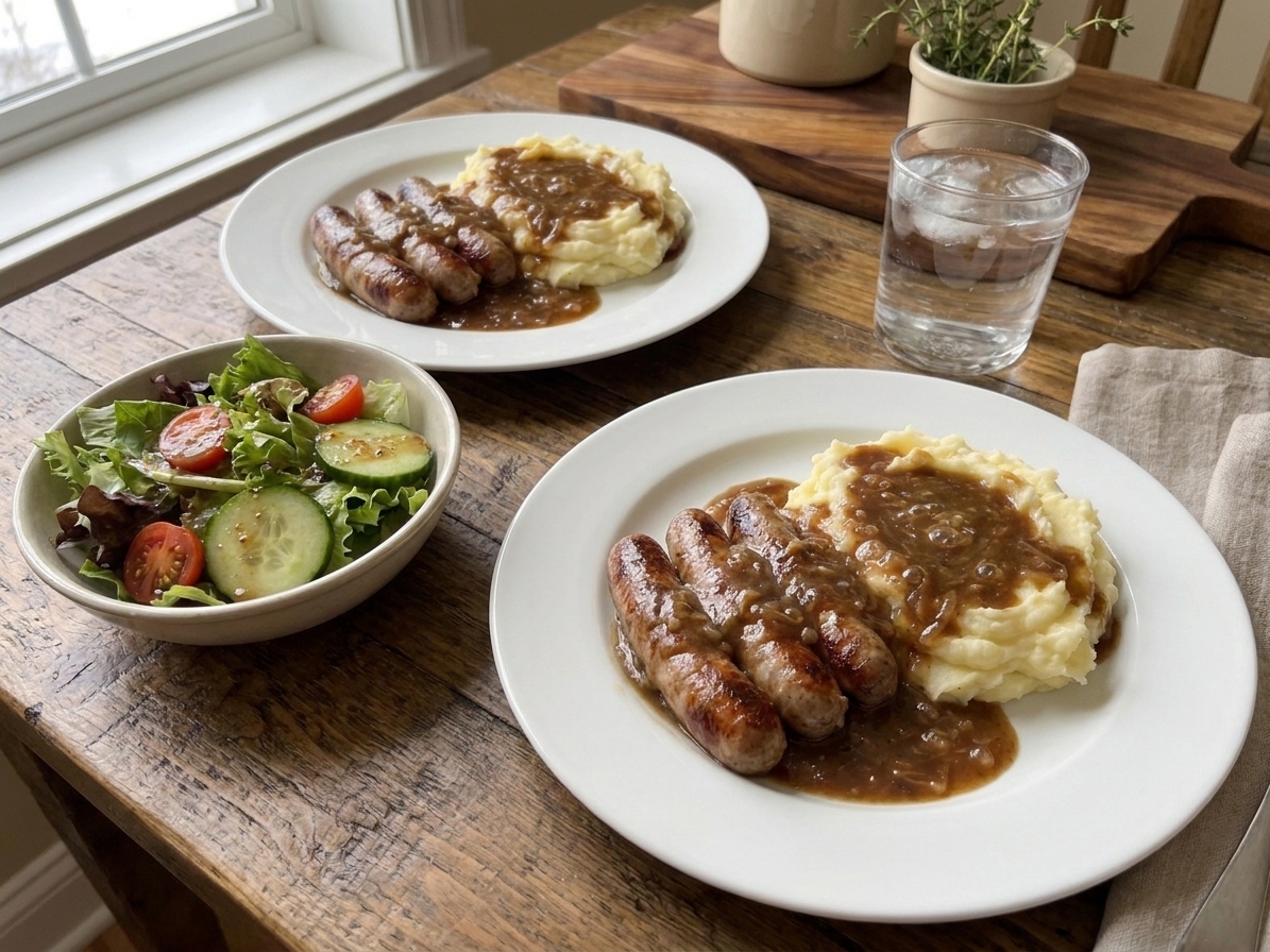 Two plates of sausage and mash served with onion gravy, a simple green side salad, and a water glass on a wooden dinner table