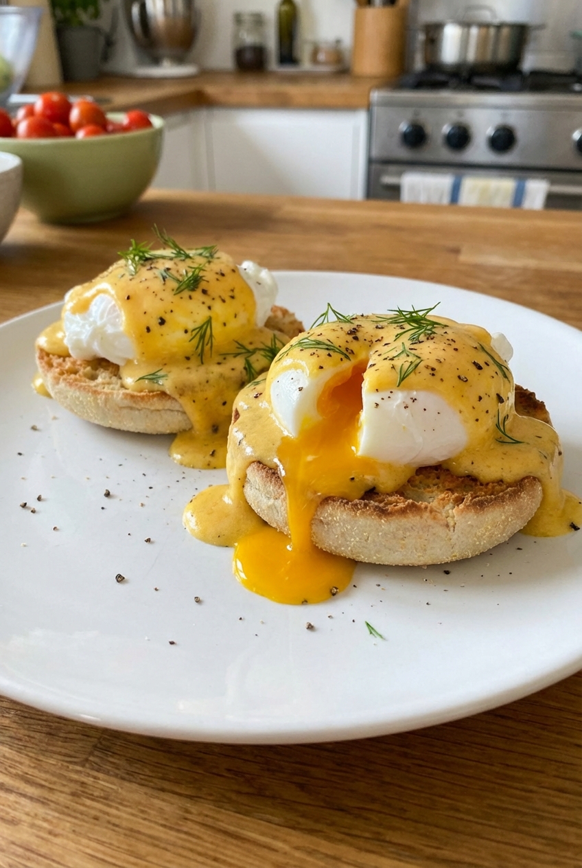 Two poached eggs on toasted English muffin halves with rustic hollandaise sauce dripping down the sides on a white plate