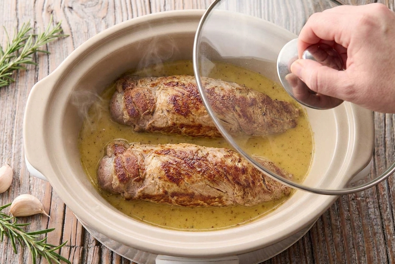 Two pork tenderloins nestled in sauce inside a slow cooker insert, lid just lifted