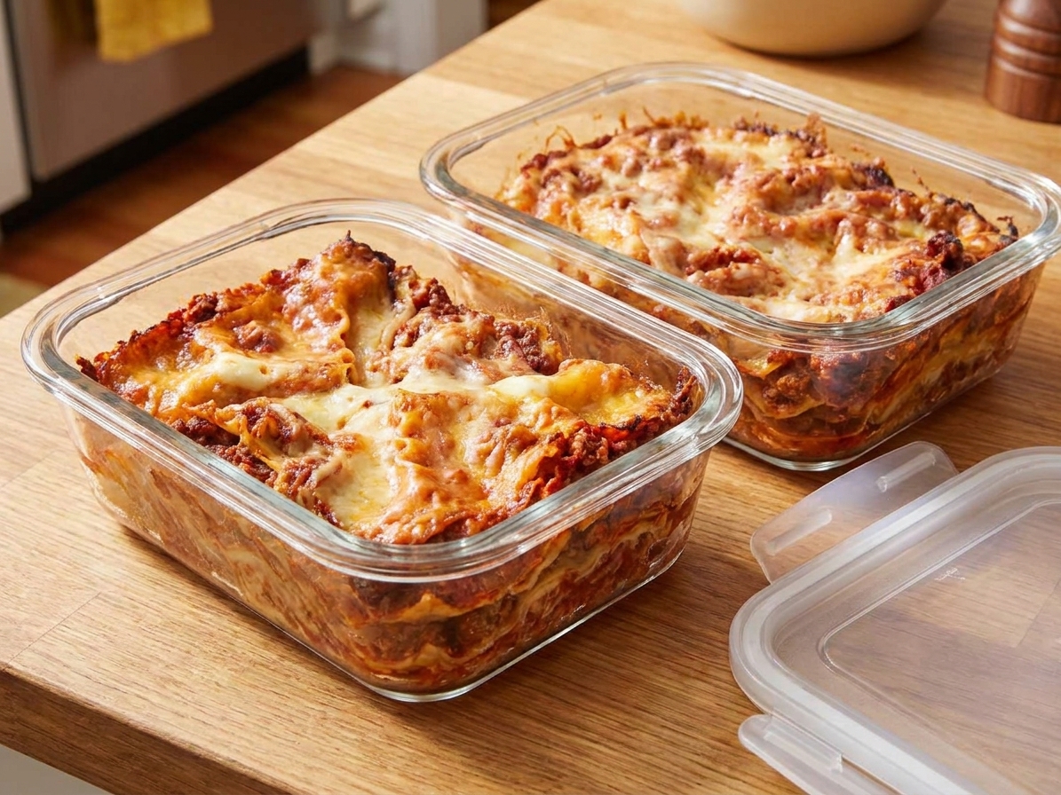 Two portions of leftover lasagna in clear meal prep containers on a kitchen counter with a lid set nearby