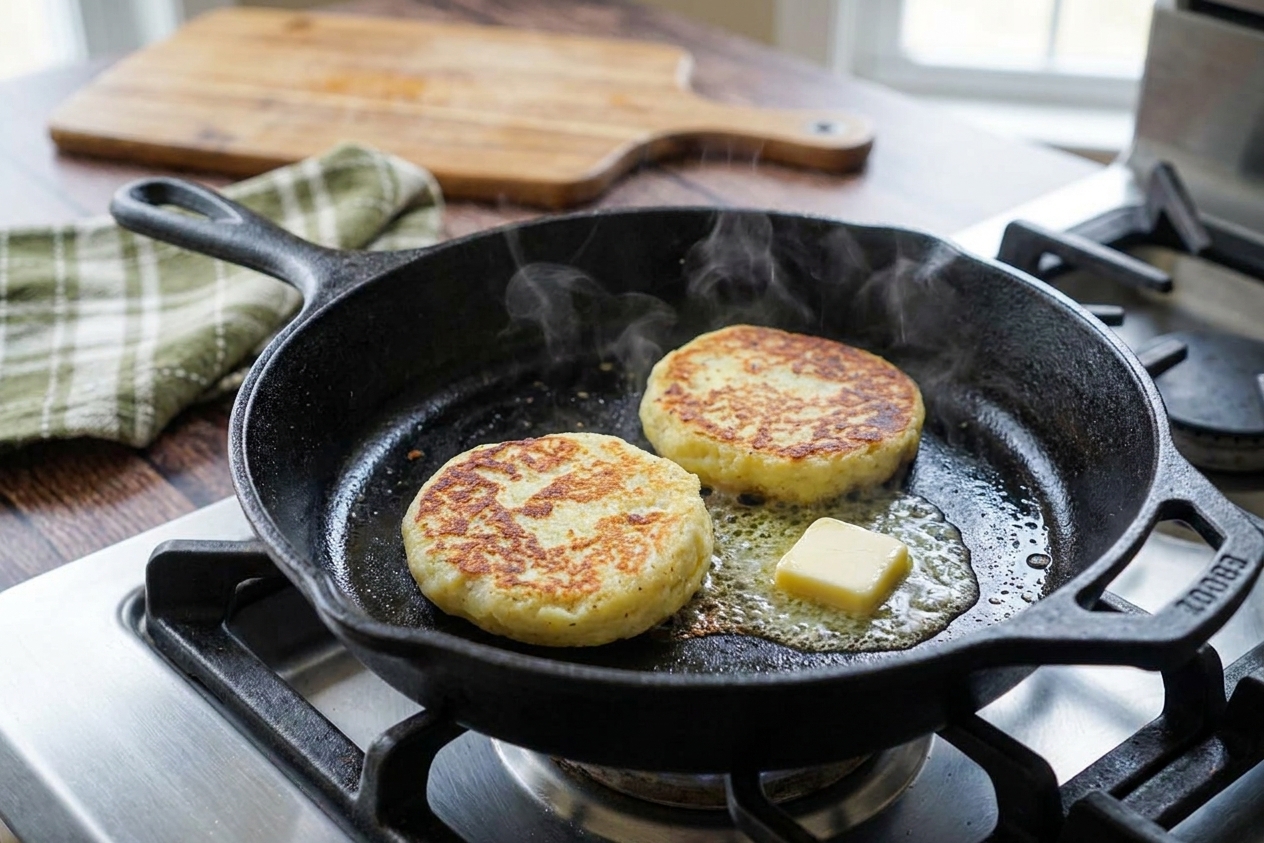 Two potato cakes reheating in a cast iron skillet with a small pat of butter melting beside them on a stovetop