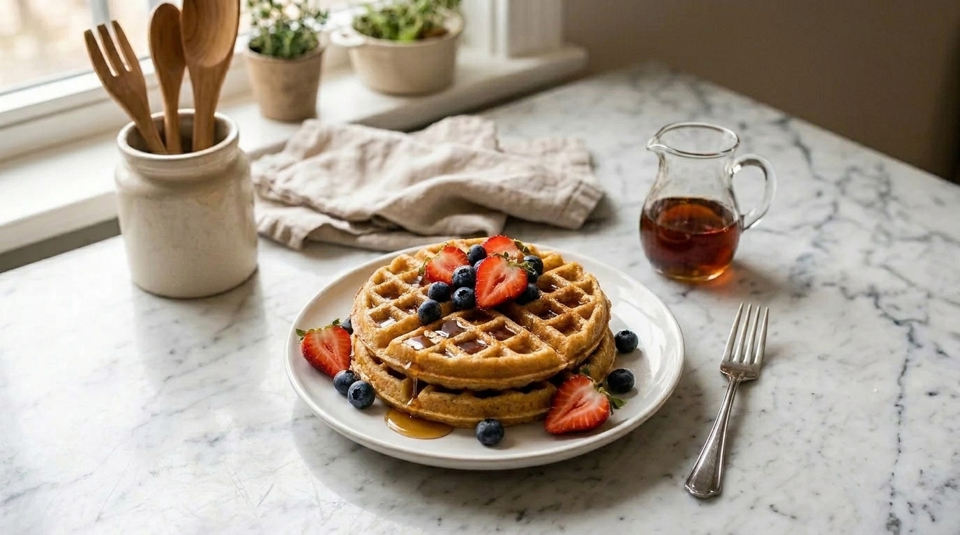 Two protein waffles on a plate topped with sliced strawberries and blueberries, with a fork and a small pitcher of maple syrup on the table