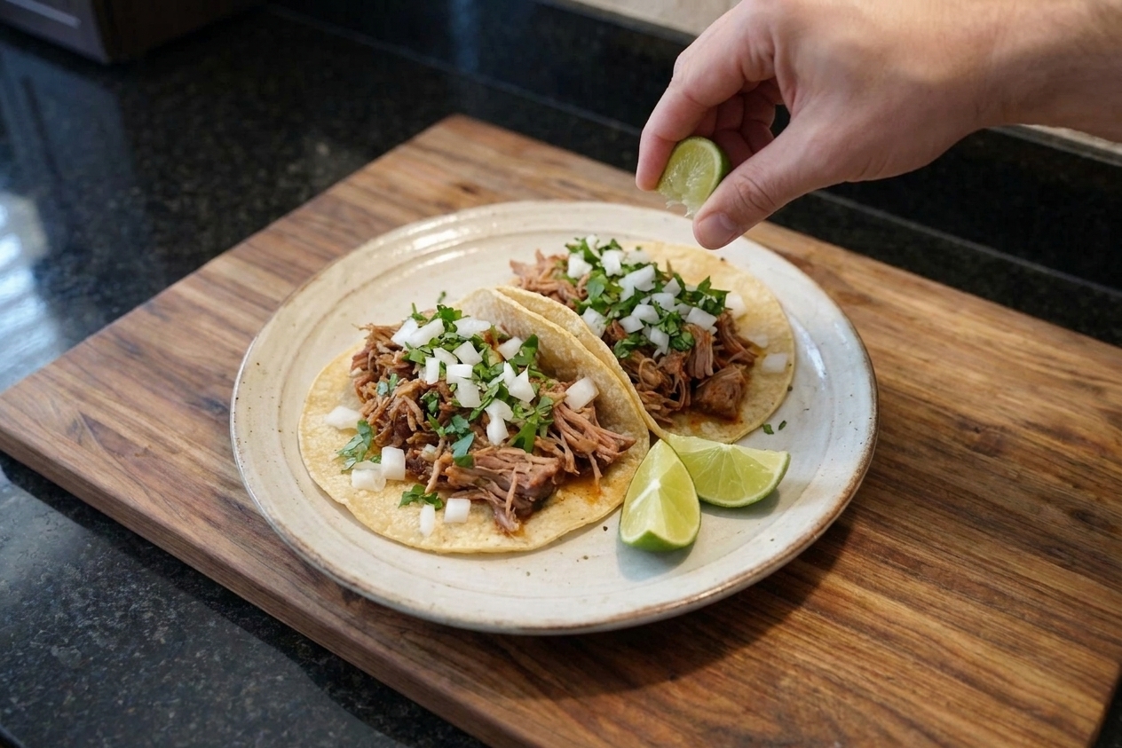 Two pulled pork tacos on a ceramic plate topped with diced onion and cilantro, with lime wedges on the side on a wooden table