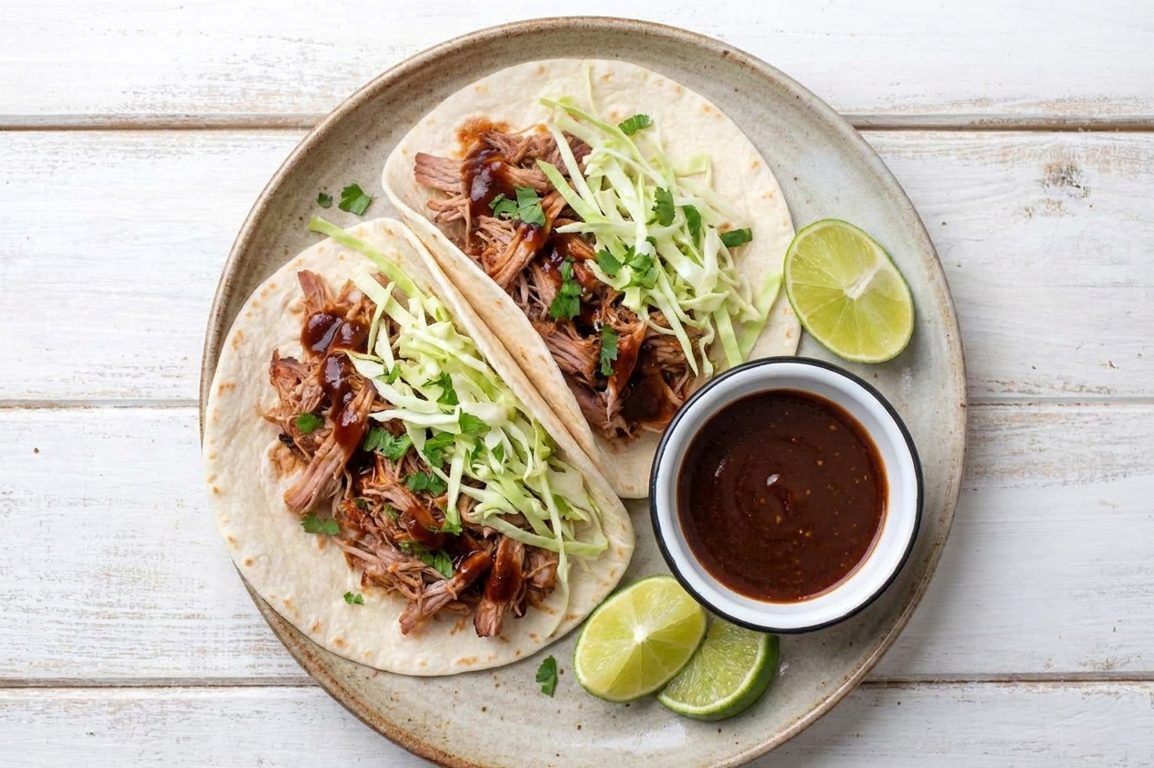 Two pulled pork tacos on a plate with shredded cabbage, lime wedges, and a small bowl of extra sauce on a wooden table