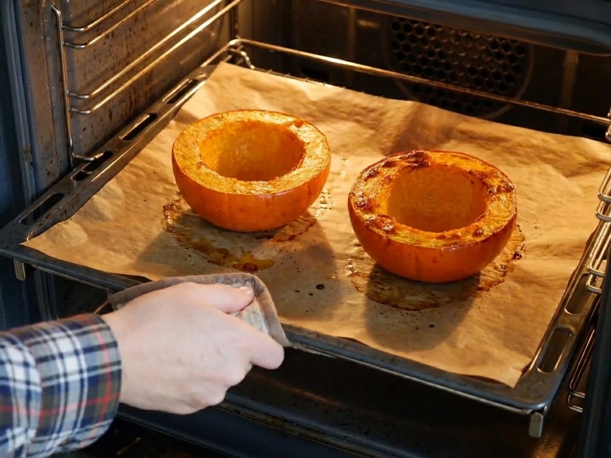 Two pumpkin halves roasting cut-side down on a parchment-lined baking sheet