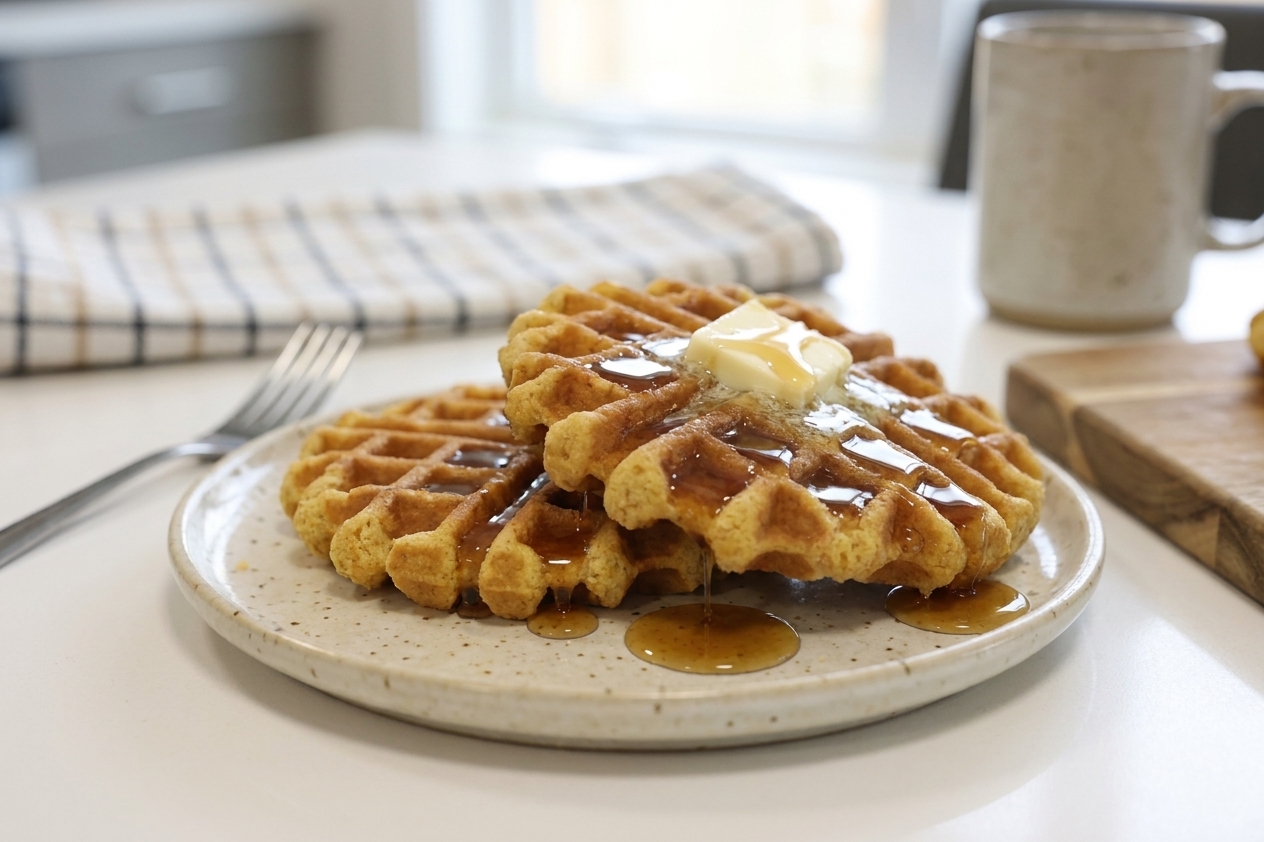 Two pumpkin waffles on a plate with butter and maple syrup, with a fork on the side and a cozy breakfast table setting