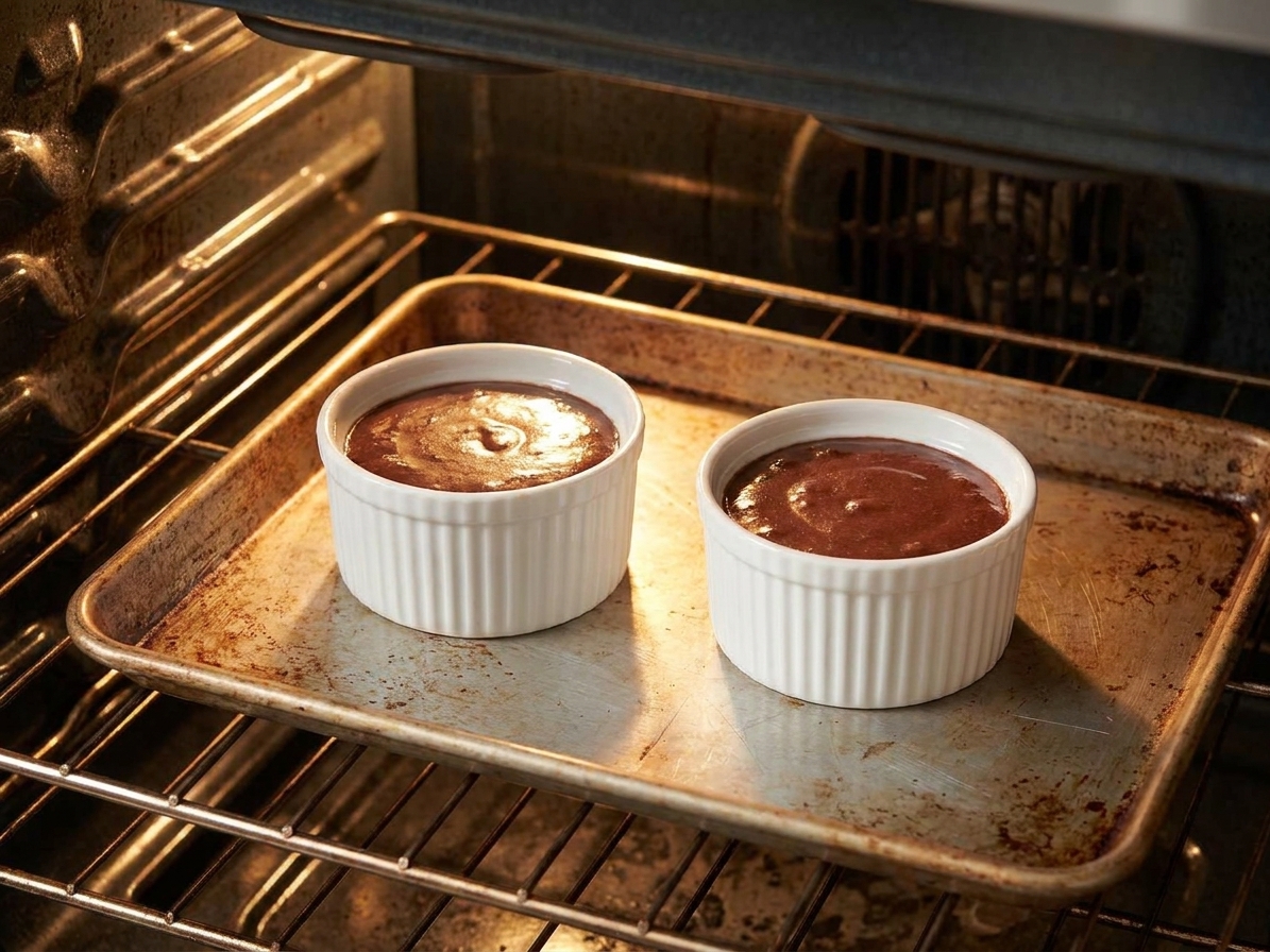 Two ramekins of chocolate cake batter baking on a metal sheet pan inside an oven with the light on