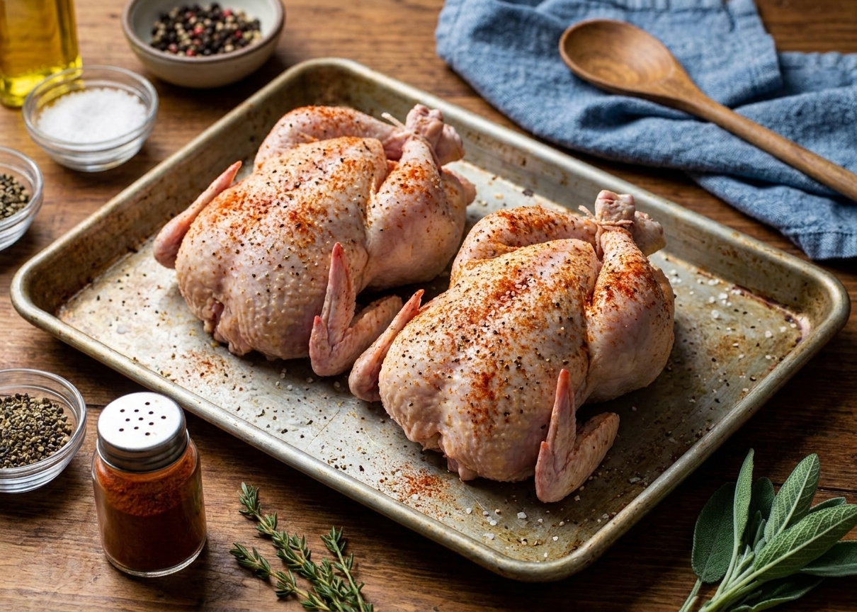 Two raw Cornish game hens on a sheet pan seasoned with salt, pepper, and paprika in a home kitchen