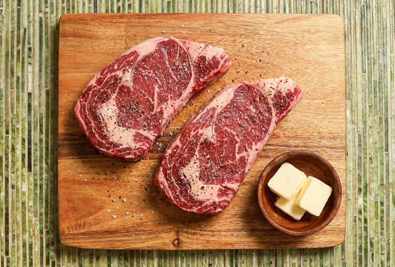 Two raw boneless steaks resting on a wooden cutting board with kosher salt, black pepper, and a small bowl of butter nearby on a kitchen counter