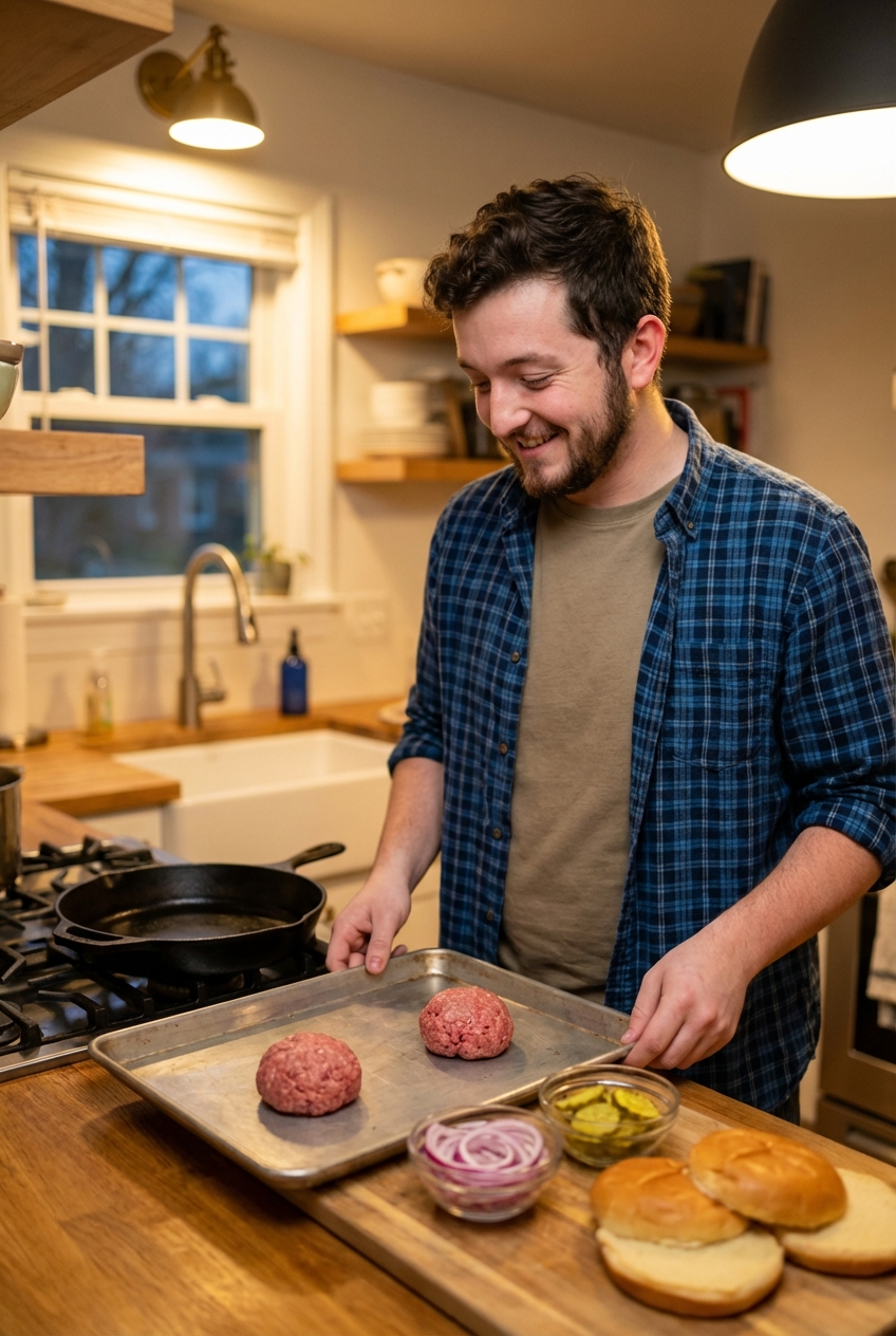Two raw burger balls on a sheet tray next to sliced onions, pickles, and burger buns ready for cooking on a weeknight kitchen counter