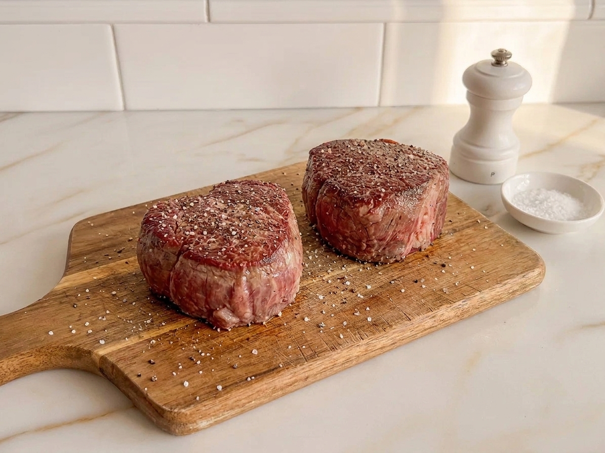 Two raw filet mignon steaks patted dry and seasoned with salt and black pepper on a cutting board, ready to cook