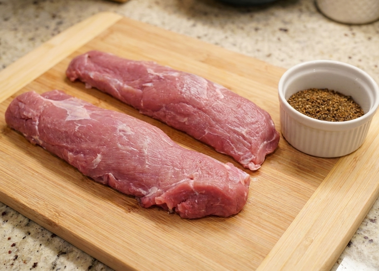 Two raw pork tenderloins trimmed and patted dry on a cutting board with a small bowl of spice rub nearby