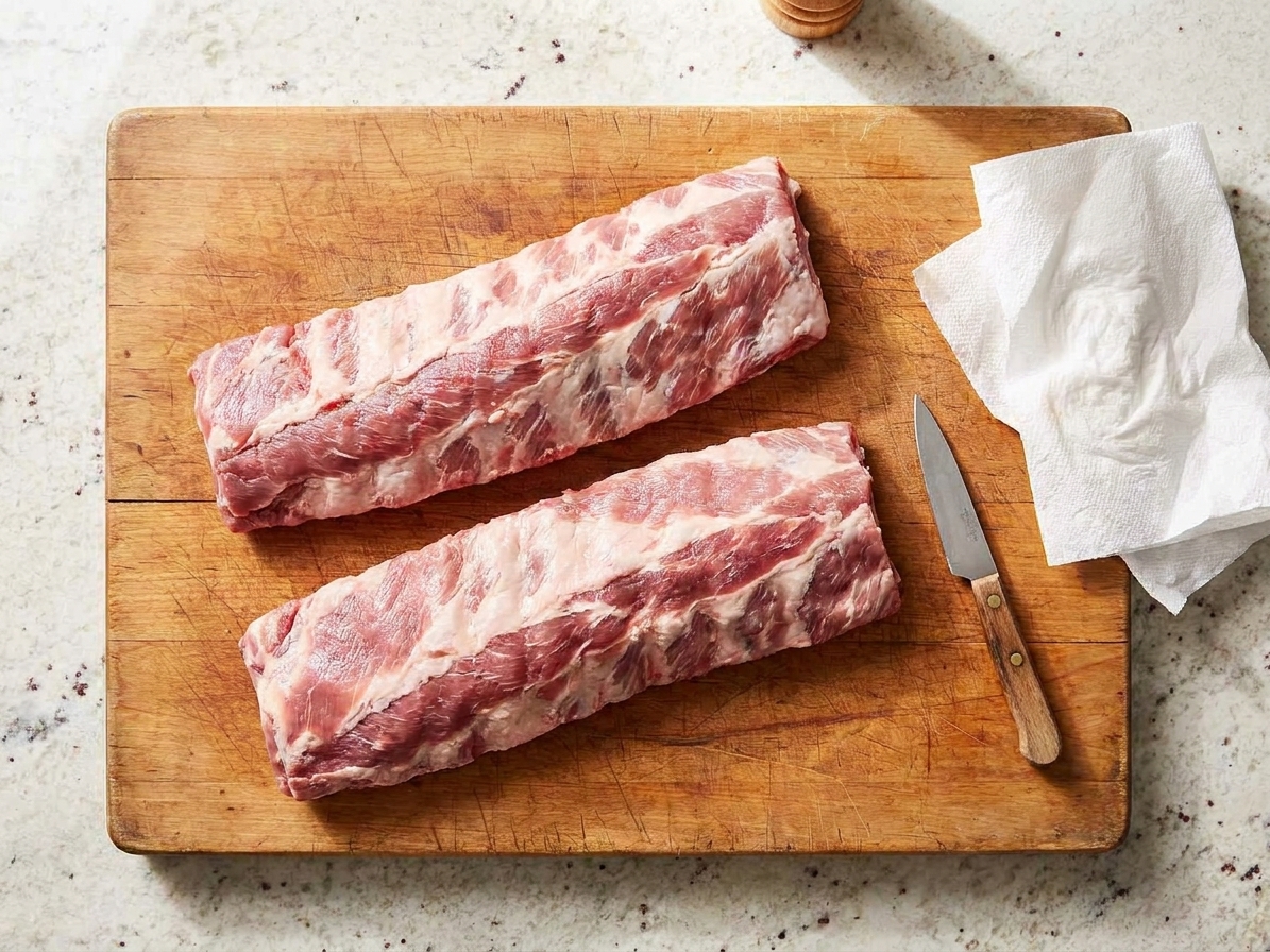 Two raw racks of baby back ribs on a wooden cutting board with a small paring knife and paper towels on a bright kitchen counter