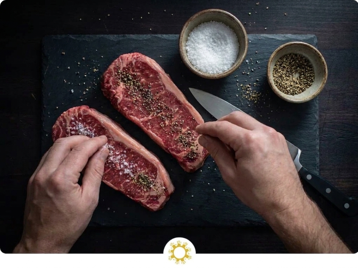 Two raw ribeye steaks on a cutting board being sprinkled with kosher salt and black pepper