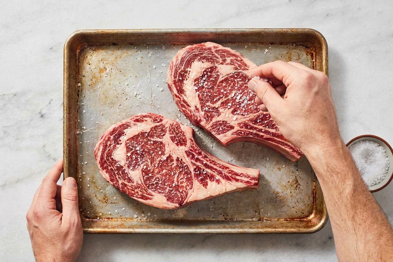 Two raw ribeye steaks on a sheet pan being seasoned generously with kosher salt on a kitchen counter under warm light